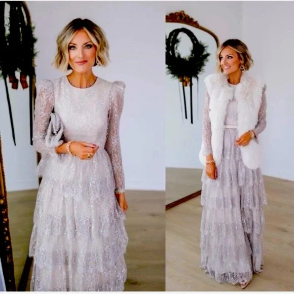 Antonio Melani x Born on Fifth “Clara” Metallic Lace Tiered Ruffle Maxi Dress - Picture 1 of 13